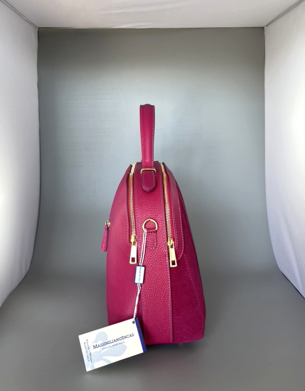 Große Handtasche im Wild-/ Glattleder-Mix in der Trendfarbe Fuchsia